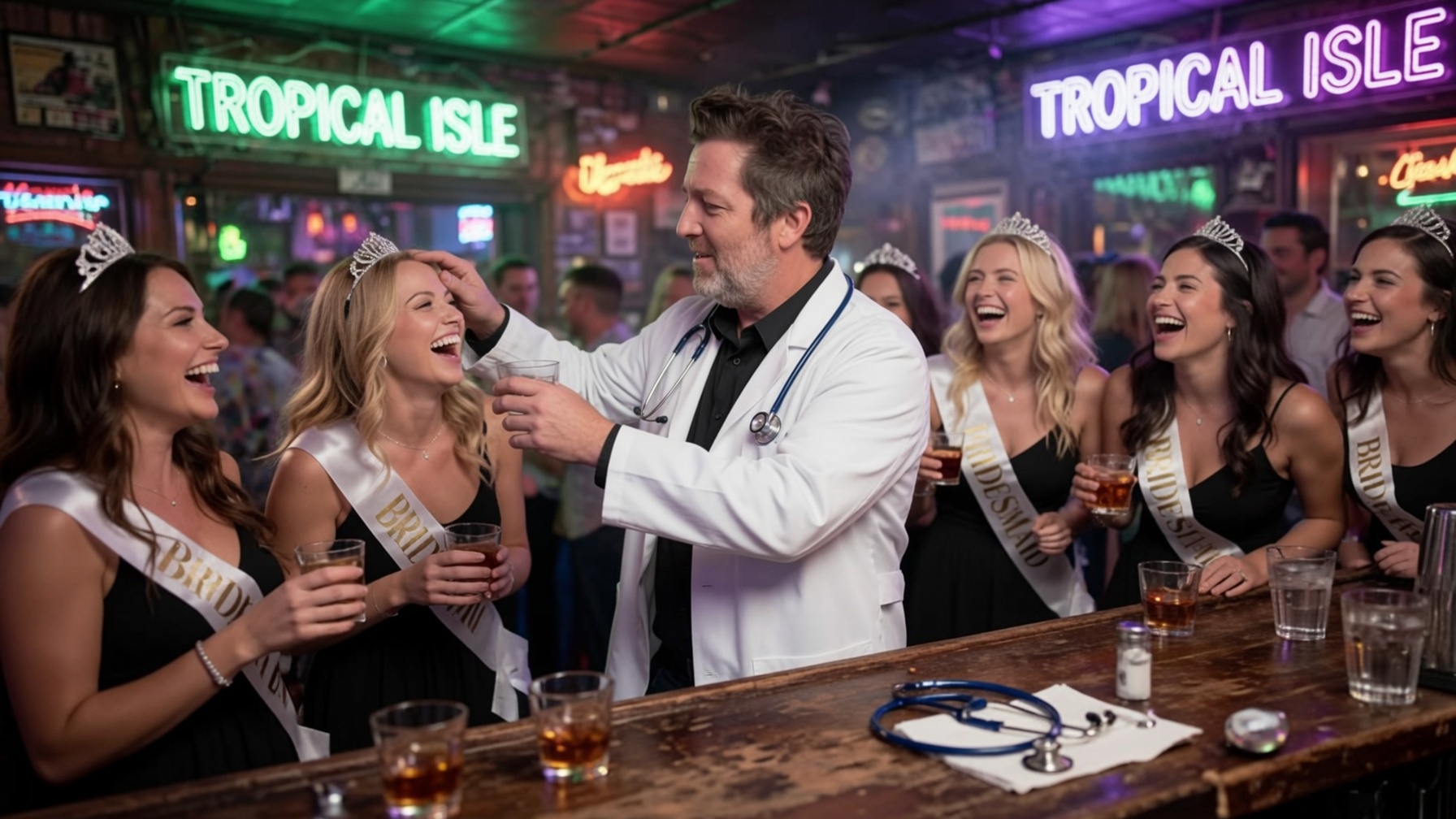 William Branley in a white coat handing out drinks to a laughing bridal party under Tropical Isle neon signs
